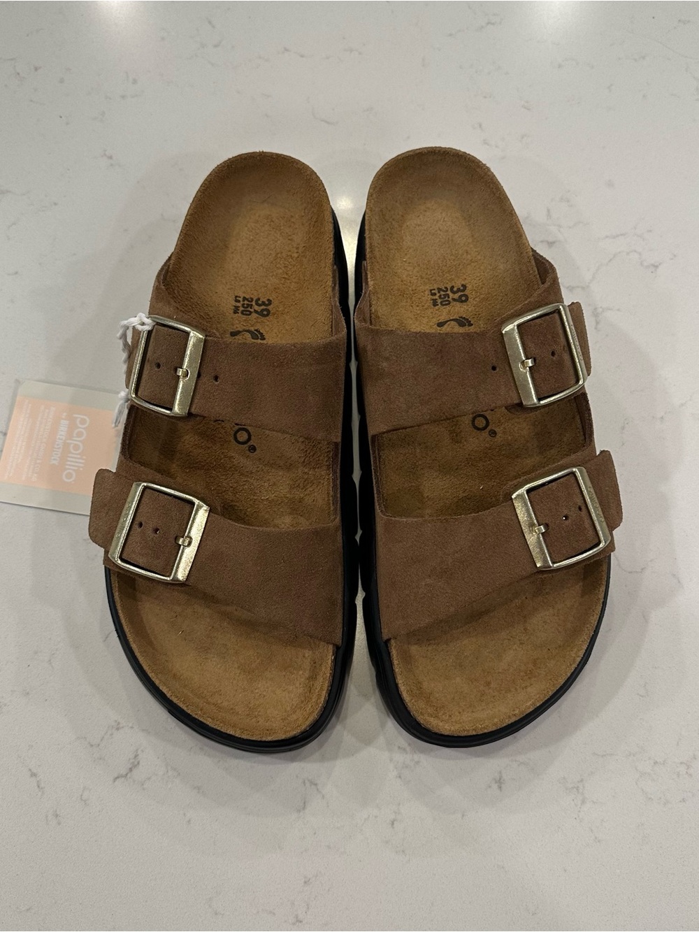 Papillio Brown Suede Double-Buckle Slide Sandals